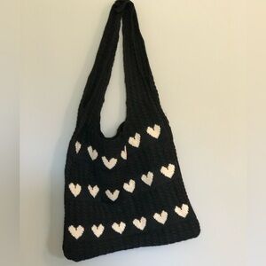 Black Cream Heart Crochet Boho Chic Hobo Bag Valentines Gift